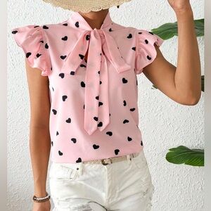 SHEIN Raffinéa Heart Print Butterfly Sleeve Tie Front Shirt.